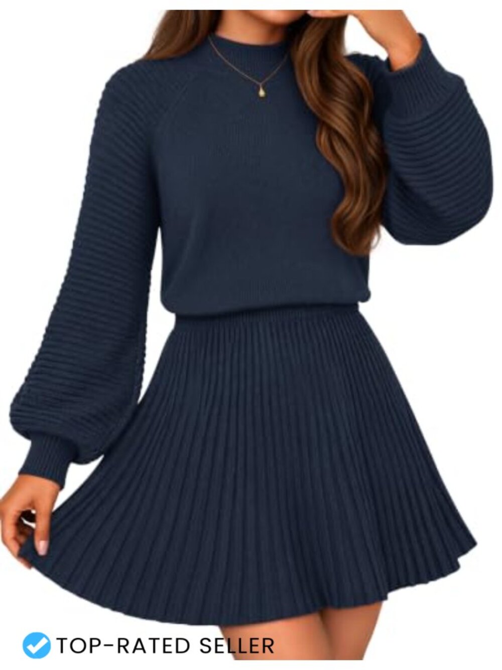 Women's 2 Piece Sweater Skirt Set Mock Neck Pleated Mini Fall Outfit